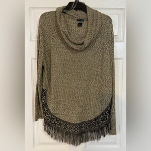 New Directions Cowl Neck Sweater Medium Brown Tan LongSleeve Tunic Fringe Beige